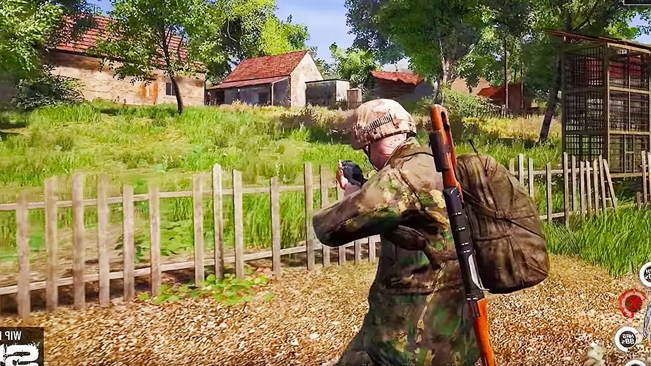 герой заметил врага около здания в SCUM 