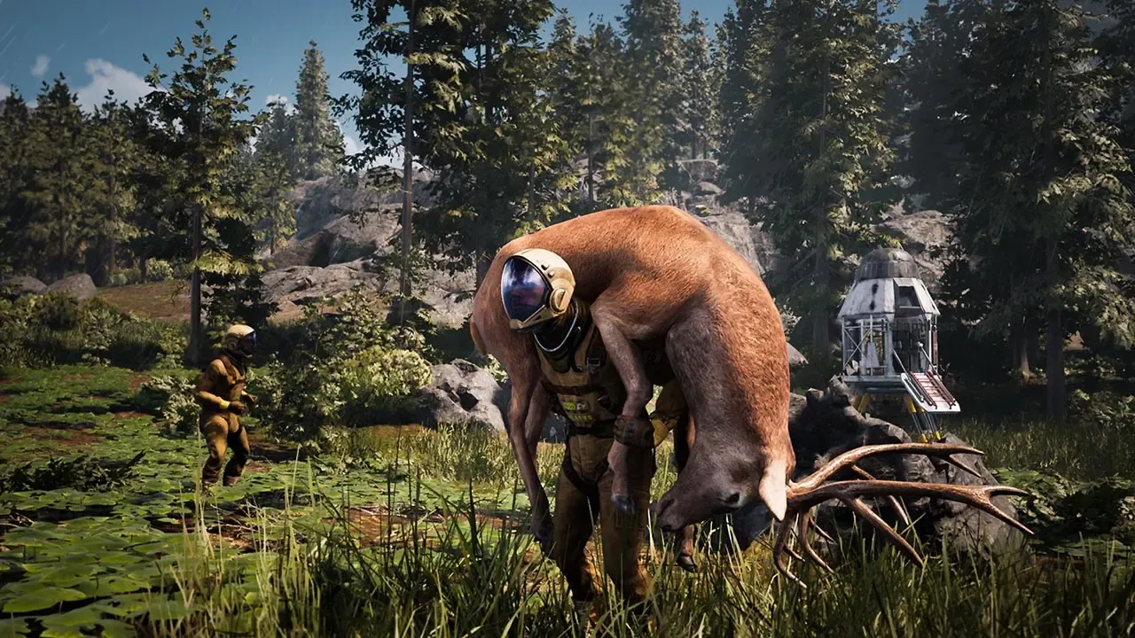 персонаж несет труп лосихи в Rust