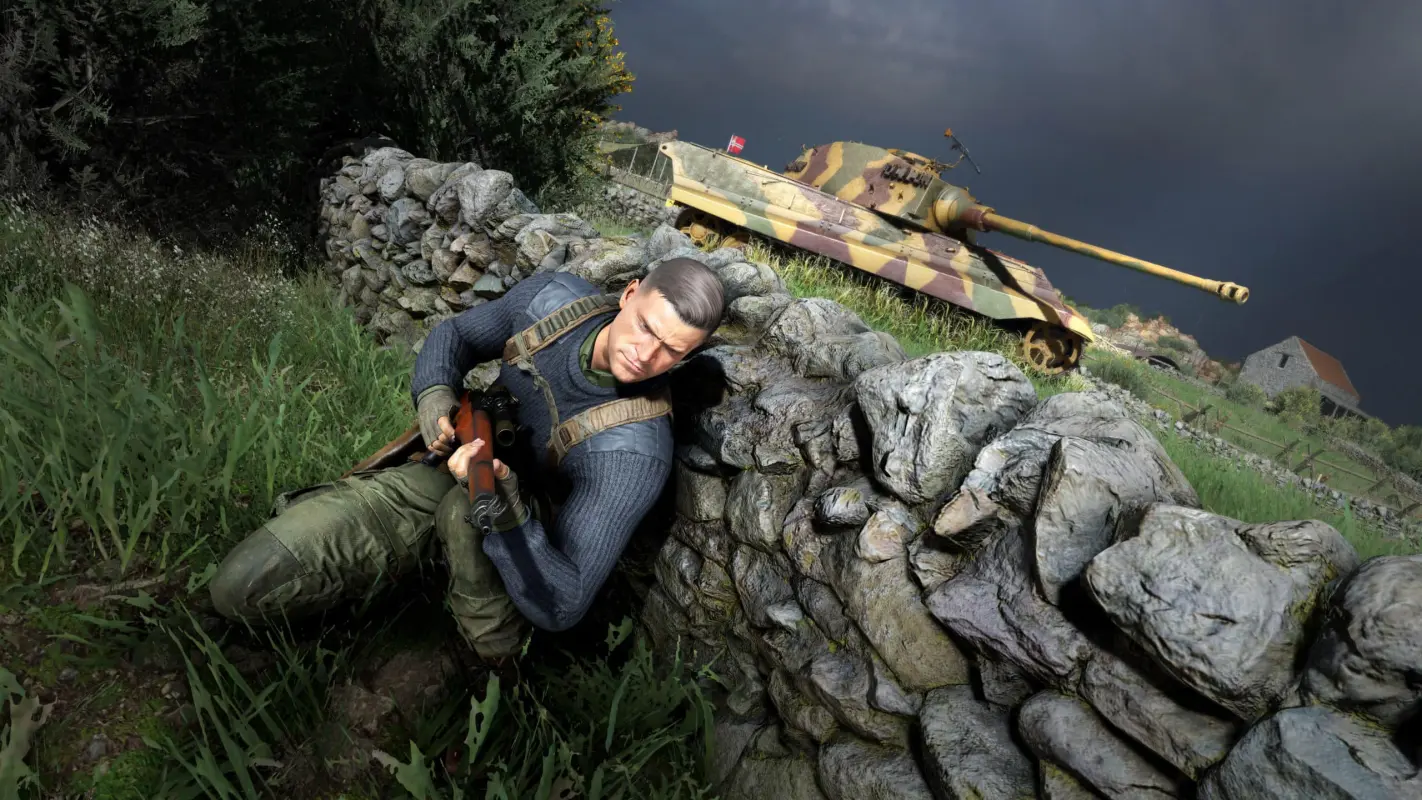 персонаж в укрытии от танка в Sniper Elite 5