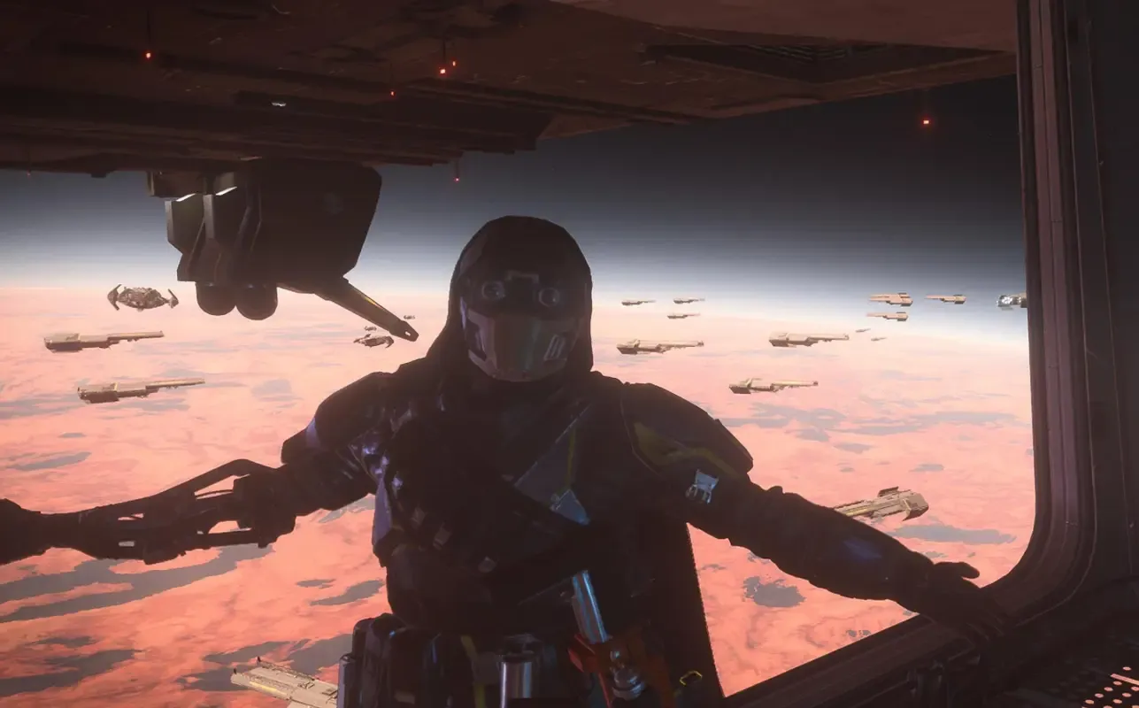 десятки летающих кораблей в небе в Helldivers 2