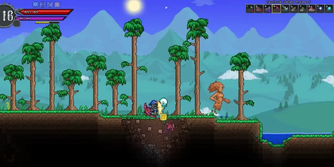 герои идут по красивому острову в Terraria