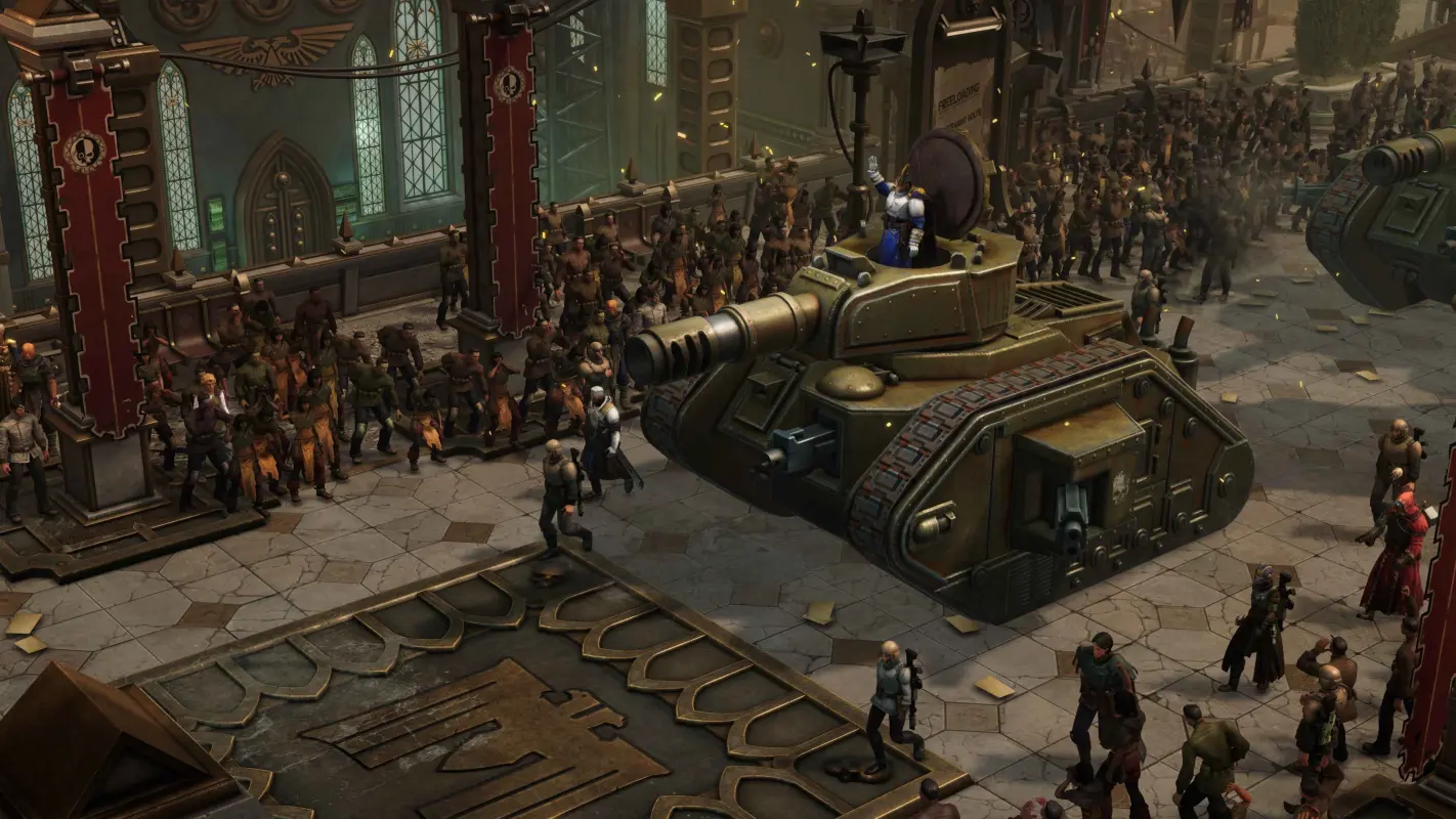танк едет по площади в Warhammer 40,000: Rogue Trader