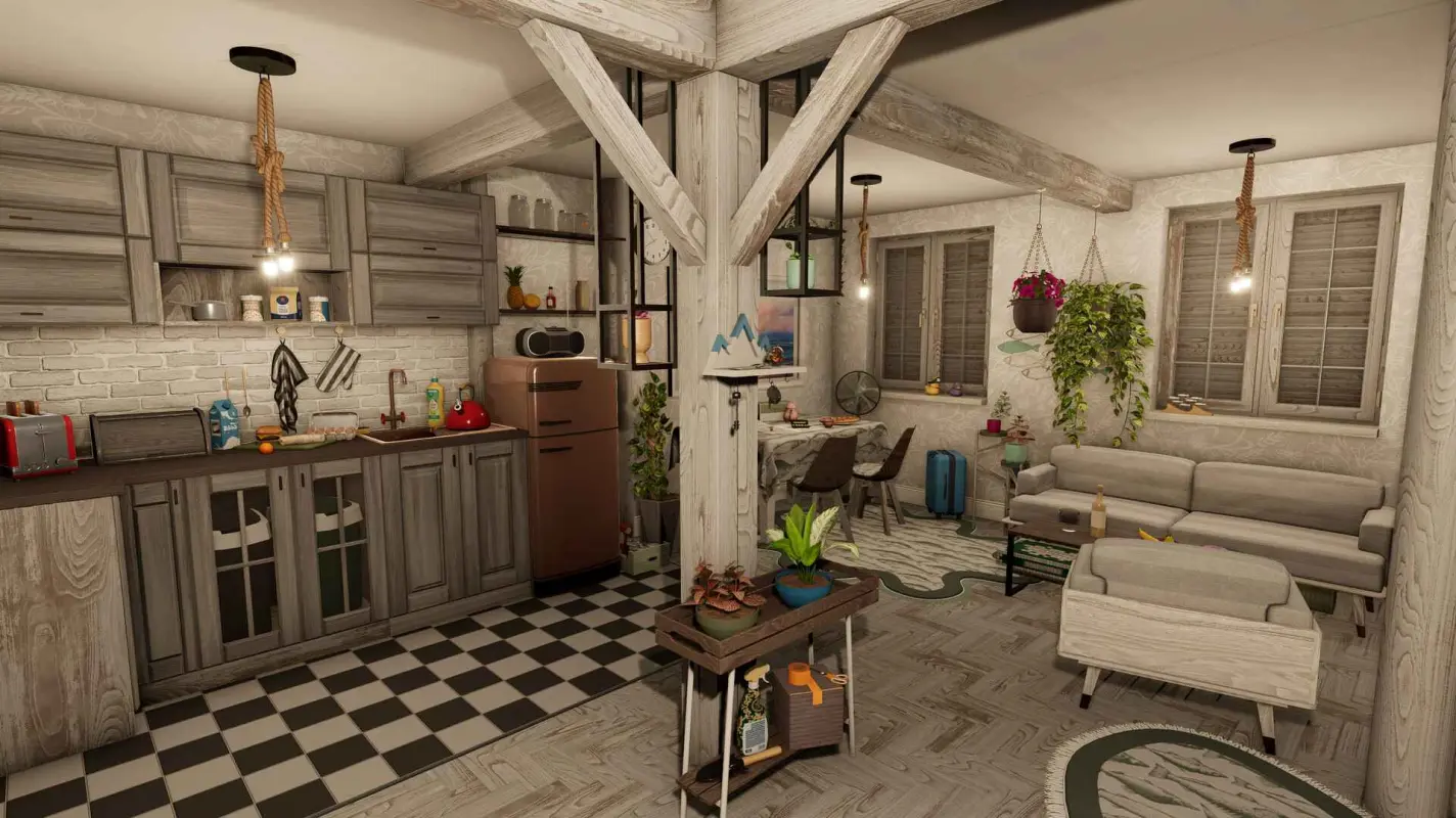 большая кухня разделенная на зоны в House Flipper 2