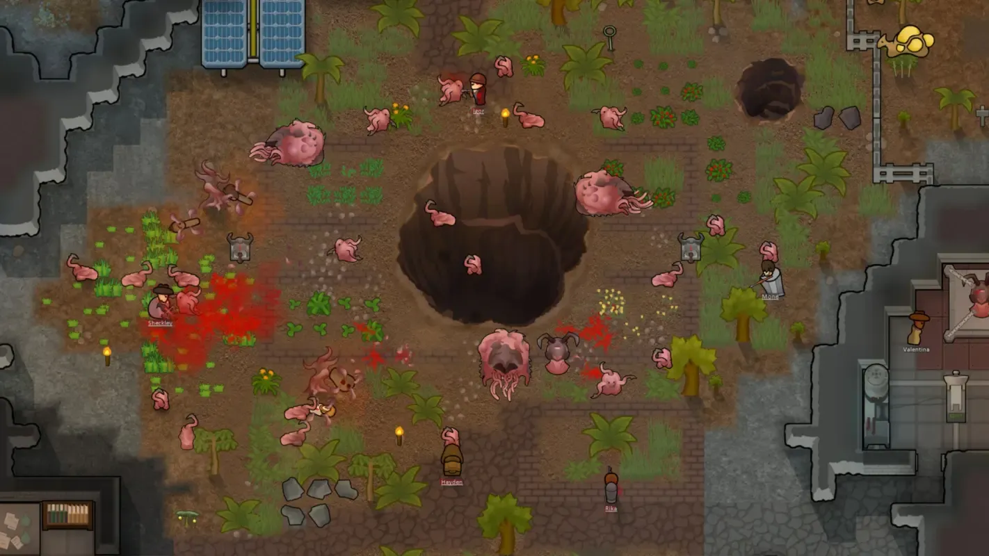 из пропасти вылезают непонятные розовые существа в RimWorld