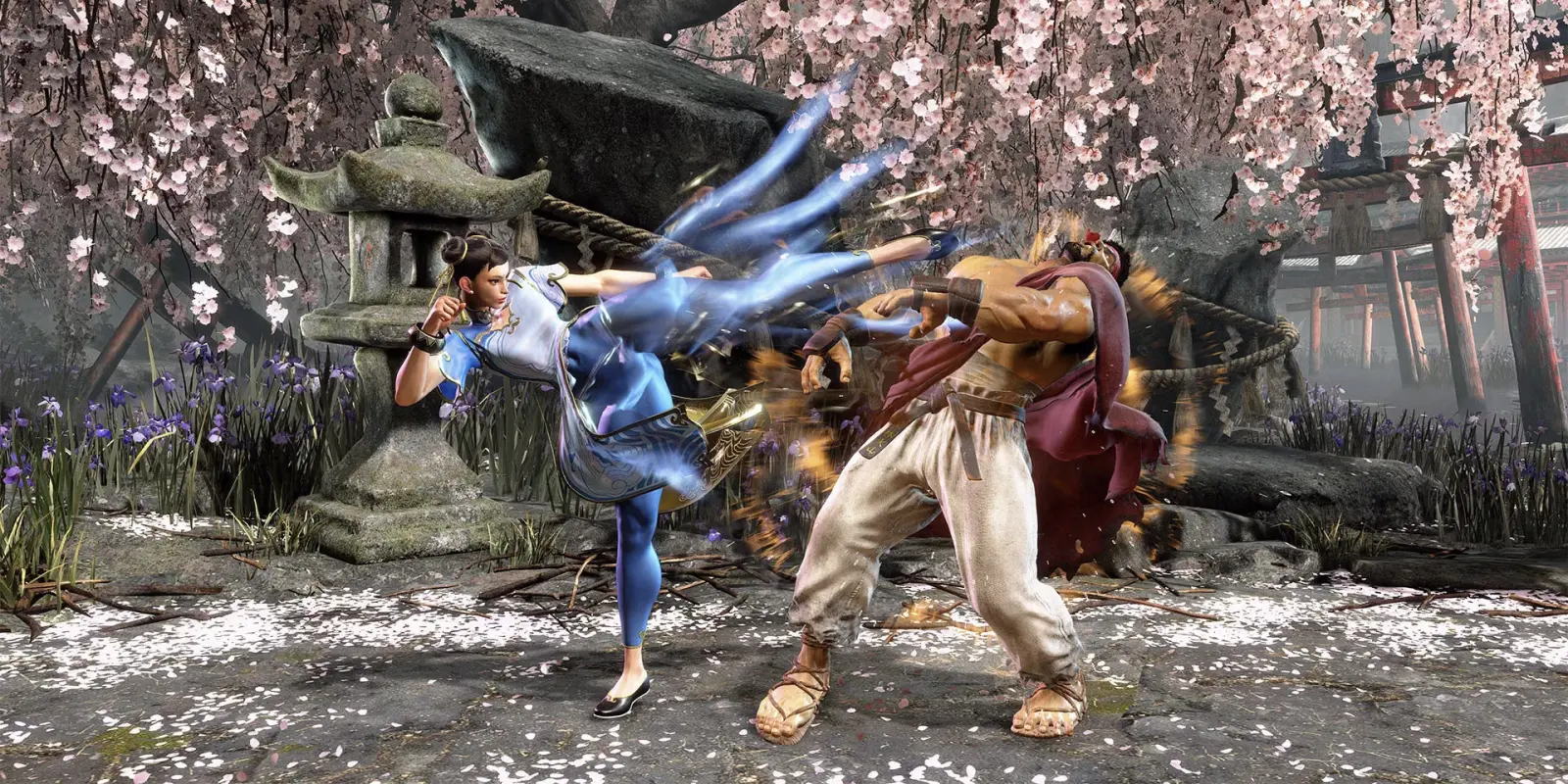 красивый бой на фоне цветущей сакуры в Street Fighter 6