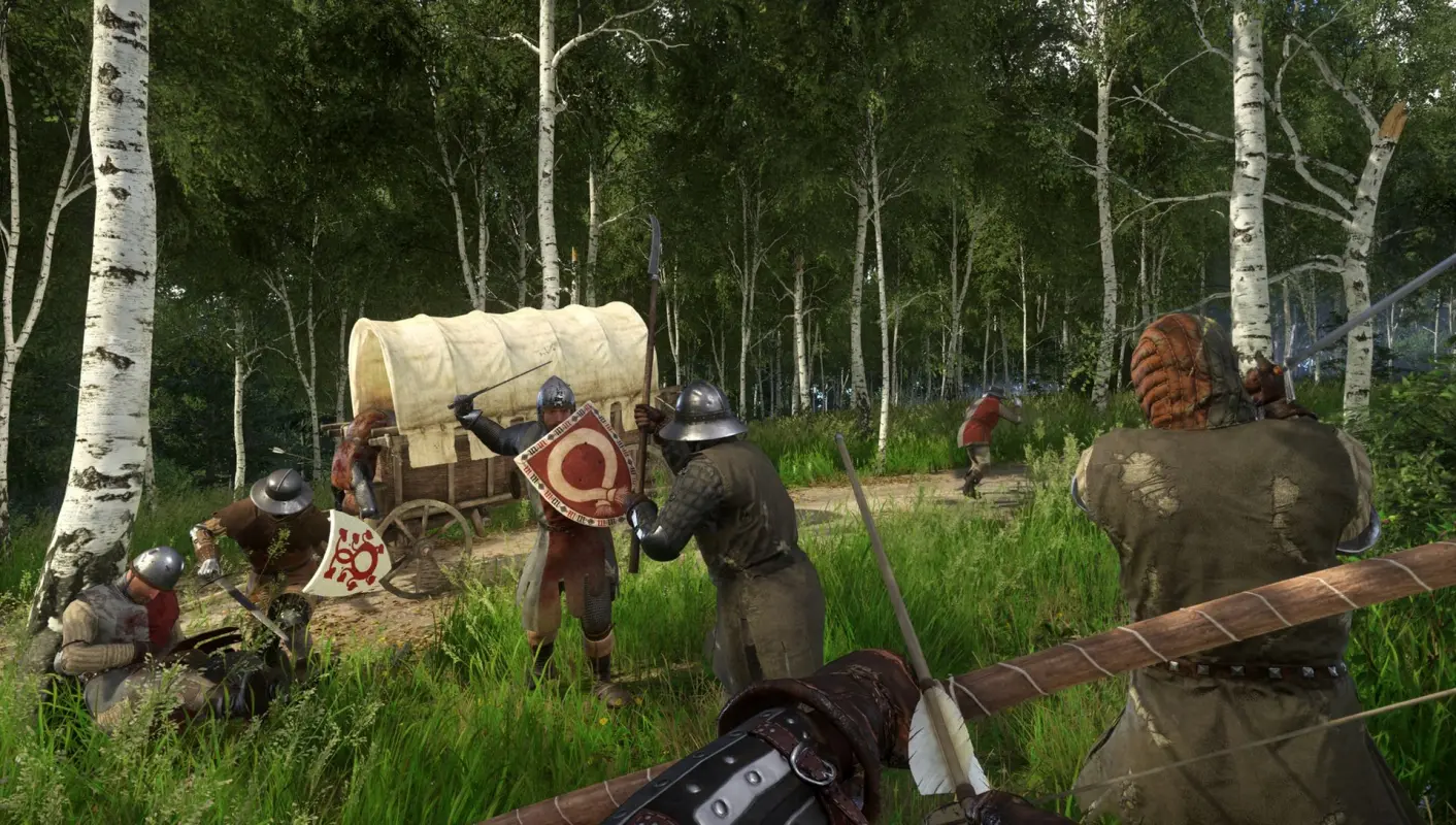 стрелок натягивает тетиву на луке в Kingdom Come: Deliverance 2