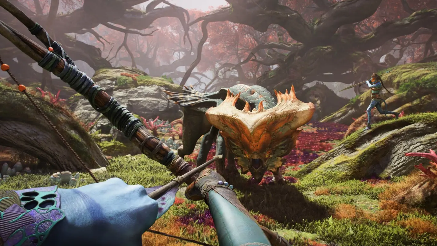 сражение с брутальным динозавром в Avatar: Frontiers of Pandora