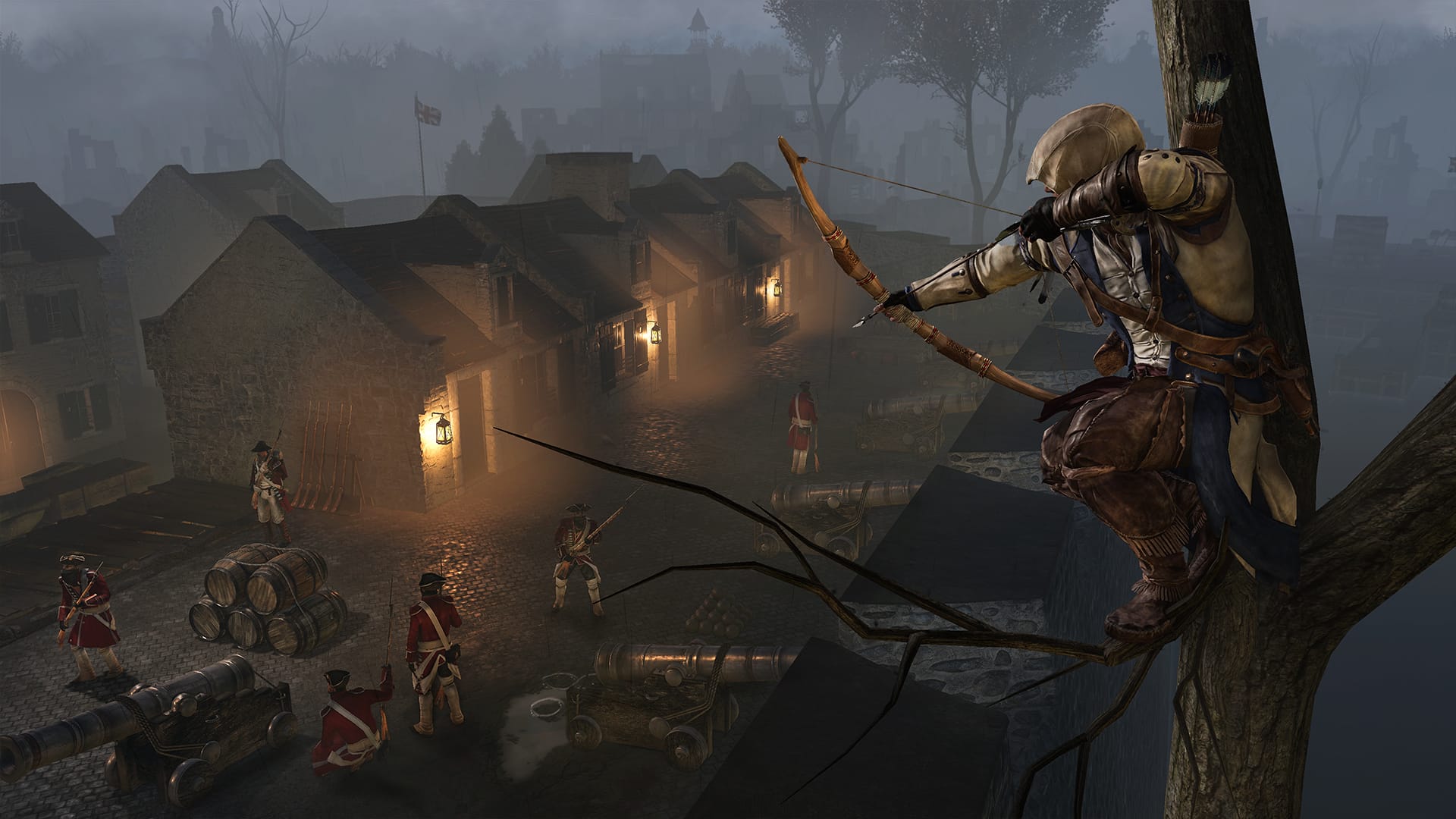 герой стреляет из лука с дерева в Assassin's Creed 3: Remastered