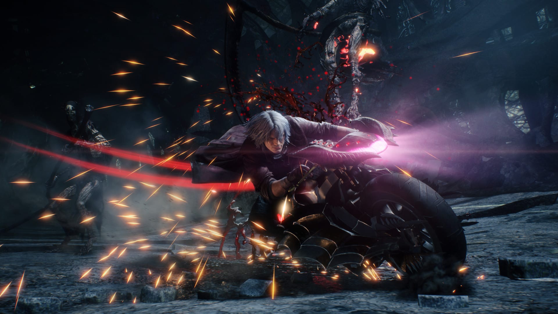 Данте мчится на мотоцикле в Devil May Cry 5