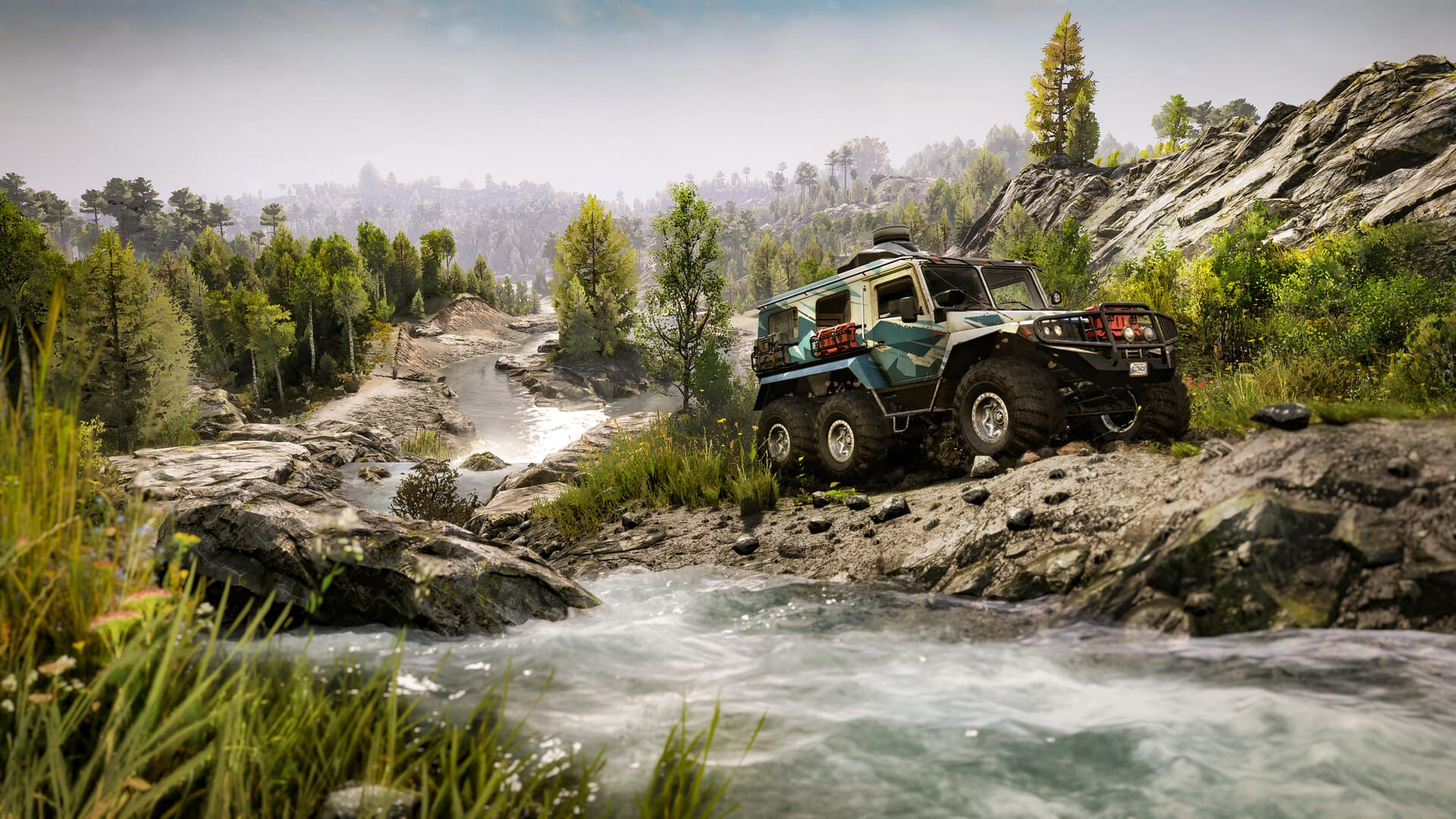 машина едет вдоль реки в Expeditions: A MudRunner Game